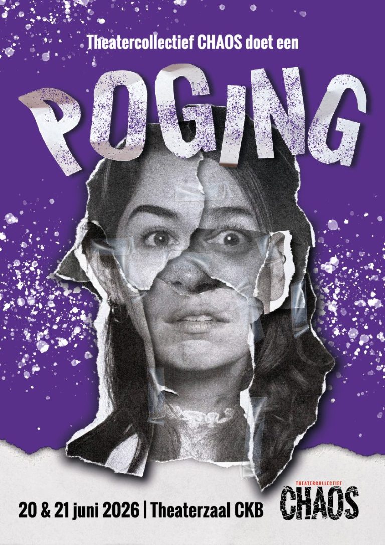 Poster voor "POGING" met een gescheurd gezicht en paarse achtergrond. Data onderaan.